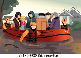 rettungsmaßnahmen, team, helfende, leute, während, ueberschwemmung