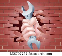 schraubenschlüssel, hand, brechen, wand schraubenschlüssel, hand, brechen, wand