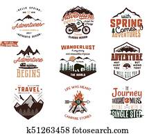 Set of Vintage adventure tee shirts designs. Hand drawn travel labels. Mountain explorer, wanderlust, expedition emblems, quotes in retro colors style. Isolated on white background. illustration Set of Vintage adventure tee shirts designs. Hand drawn travel labels. Mountain explorer, wanderlust, expedition emblems, quotes in retro colors style. Isolated on white background. illustration