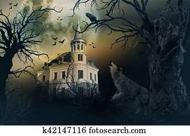 Haunted Castle with Crows and Horror Scene. Haunted Castle with Crows and Horror Scene.