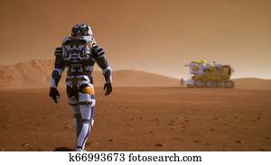Astronaut walks on the surface of Mars to the Rover, through a dust storm. Panoramic landscape on the surface of Mars. 3D Rendering