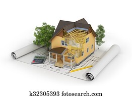 Concept of construction. 3d render of house in building process with trees, calculator and pencil on the blueprint. We see constituents of roof frame and insulation layer.
