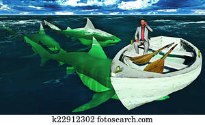 geschäftsmann, umgeben, per, haifische