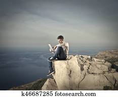 homem, ligado, penhasco