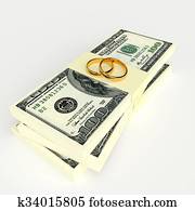 Marriage contract. Rings on the money