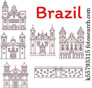 Brazil landmarks vector architecture line icons Brazil landmarks vector architecture line icons