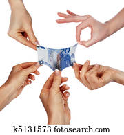 Several hands stretch of banknotes