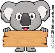 קואלה, להחזיק, a, לוח, של, עץ