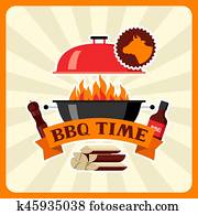 Bbq time card with grill objects and icons Bbq time card with grill objects and icons