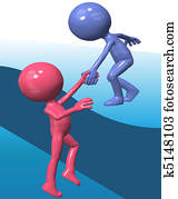 Blue helper person lift 3D friend climb up Blue helper person lift 3D friend climb up