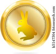 Golden button with rabbit |Isolated