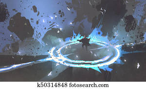 magician warrior casting a spell with blue light magician warrior casting a spell with blue light