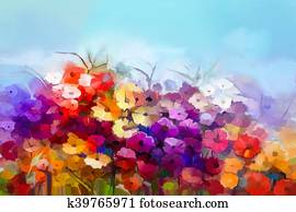 Oil painting white, yellow, red daisy, gerbera flower in field Oil painting white, yellow, red daisy, gerbera flower in field