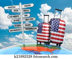 Travel concept. Suitcases and signpost what to visit in USA. Travel concept. Suitcases and signpost what to visit in USA.