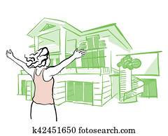 Woman is pulling arms upwards in front of dream house