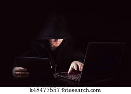 Cyber attack with unrecognizable hooded hacker Cyber attack with unrecognizable hooded hacker