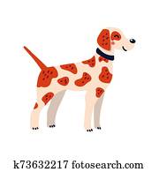 Happy cartoon hunting dog on white background. Dog beauty salon. Funny puppy character in the spa. Dog care, grooming, hygiene, health. Pet shop, accessories. Flat style vector illustration. Happy cartoon hunting dog on white background. Dog beauty salon. Funny puppy character in the spa. Dog care, grooming, hygiene, health. Pet shop, accessories. Flat style vector illustration.