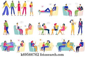 Psychotherapy session. Psychologic therapy, family psychologist and psychotherapist sessions vector illustration set Psychotherapy session. Psychologic therapy, family psychologist and psychotherapist sessions vector illustration set