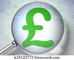 valuta, concept:, vergroten, optisch, glas, met, pond, pictogram, op, digitale achtergrond, 3d, render