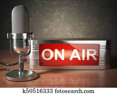 Vintage microphone with signboard on air. Broadcasting radio station concept. Vintage microphone with signboard on air. Broadcasting radio station concept.