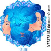 ציור, של, מזל תאומים, סימן אסטרולוגי, כפי, a, אישה יפה, מעל, מקושט, מנדאלה, pattern., זודיאק, וקטור, דוגמה, הפרד, ב, white., עתיד, telling,, horoscope.