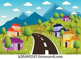 paisagem rural, com, cidade pequena