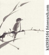 Bird sumi-e ink painting