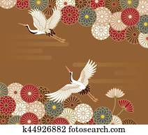 guindastes, e, chrysanthemums, japoneses, tradicional, padrão