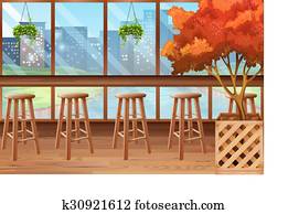 Inside of cafe with bar and stools