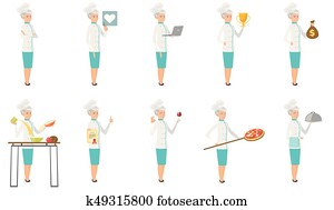 Senior caucasian chef vector illustrations set.