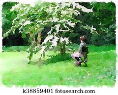 Watercolor painting of a lady sitting on a chair under a tree with white flowers