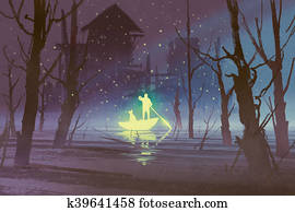 glowing man rowing boat in river glowing man rowing boat in river