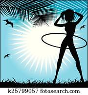 Silhouette of a slender woman doing exercises with hula-hoop aga Silhouette of a slender woman doing exercises with hula-hoop aga