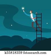 Successful businessman reaching star. Man climbing to stars. Business and career success vector concept Successful businessman reaching star. Man climbing to stars. Business and career success vector concept