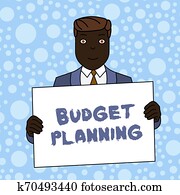 escrita, nota, mostrando, orçamento, planning., negócio, foto, showcasing, a, escrito, descrição, aproximadamente, corrente, e, futuro, despesas, homem sorridente, segurando, paleto, cartaz, tábua, frente, himself.