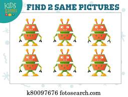 Find two same pictures kids puzzle vector illustration. Find two same pictures kids puzzle vector illustration.