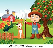Cartoon little boy and dog in the f Cartoon little boy and dog in the f