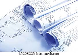 engenharia, electricidade, blueprint, rolos