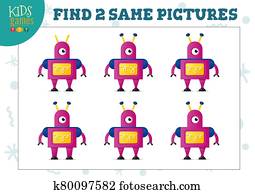 Find two same pictures kids game vector illustration. Find two same pictures kids game vector illustration.