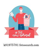 Hashtag the new normal - lettering concept. Delivery man holding a grocery bag in his hands.Delivery of food during Covid-19. Courier wear face mask,glove. Quarantine concept, flat vector illustration