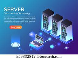 Isometric web banner Server room and hosting storage technology Isometric web banner Server room and hosting storage technology