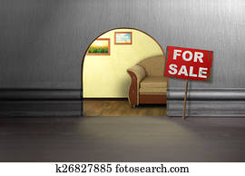 Mouse hole in wall with sign for sale. House sale concept Mouse hole in wall with sign for sale. House sale concept
