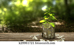 Plant growing from money jar. Concept of financial investment.