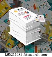 tas, de, papier, à, graphiques, sur, paperasserie, arrière-plan., vecteur, concept affaires, à, impôts, documents.