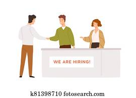 amistoso, hombre y mujer, cazador de cabeza, sacudarir las manos, con, candidato, durante, proceso que emplea, vector, plano, illustration., profesional, reclutador, y, macho, después, entrevista, aislado, blanco, plano de fondo