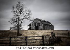 antigas, celeiro, e, um, árvore, em, a, inverno