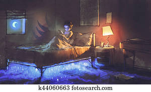 boy reading tablet in bedroom and something under the bed boy reading tablet in bedroom and something under the bed