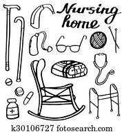 casa cura, set., hand-drawn, roba, per, anziano, home., scarabocchiare, drawing.