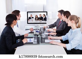 businesspeople, in, videokonferenz, an, geschäftstreffen