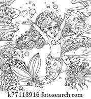 Cute happy little mermaid girl on underwater world with corals, seaweed, anemones and cartoon fishes background outlined Cute happy little mermaid girl on underwater world with corals, seaweed, anemones and cartoon fishes background outlined